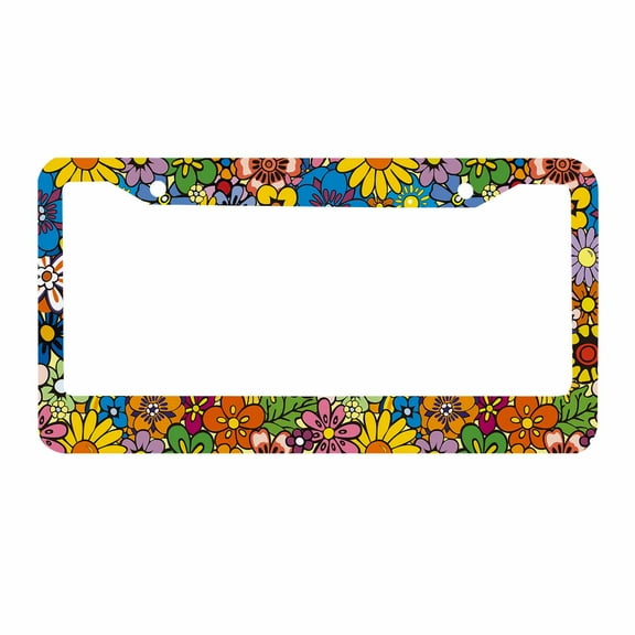 Sloboki Abstract Hippie Flowers License Plate Frame Universal Aluminum Metal Car Tag Holders Cars Decor