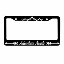 Sloboki Adventure Awaits Black White License Plate Frame Universal Aluminum Metal Car Tag Holders Cars Decor