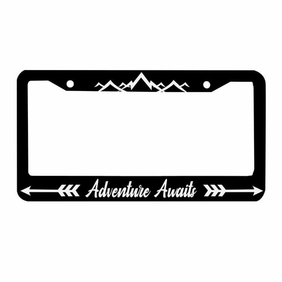Sloboki Adventure Awaits Black White License Plate Frame Universal Aluminum Metal Car Tag Holders Cars Decor