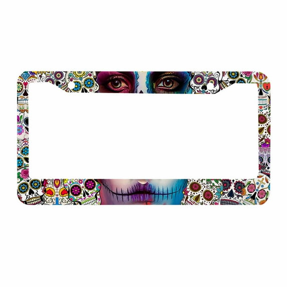 Sloboki Sugar Skull License Plate Frame Universal Aluminum Metal Car Tag Holders Cars Decor
