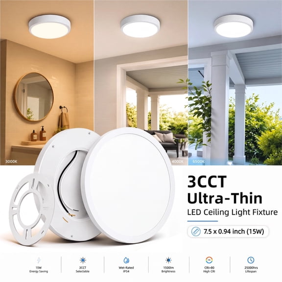 HOVMAP Ceiling Light, Flush Mount Ceiling Light Fixtures 100W Equivalent Flat Led Lights for Room Ceiling,7.5" Ultra Thin Round White Ceiling Lights, Led Lights for Bedroom, 1Pc 7" White 3CCT