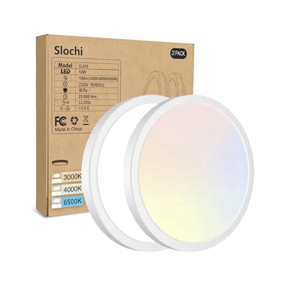 HOVMAP Dimmable Ceiling Light, 2PC LED Flush Mount Ceiling Light 100W Equivalent Ultra-Thin LED Ceiling Light 12W 1500Lm Round, Renter Friendly Ceiling Light, Shower Light, 2Pcs 6" White 3CCT