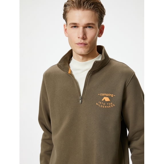 Slogan Printed High Neck Half Zipper Sweatshirt