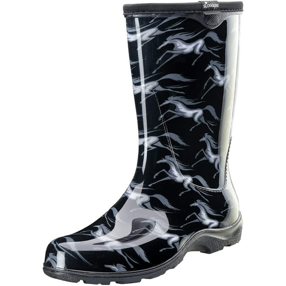Sloggers Waterproof Garden Rain Boots for Women - Cute Mid-Calf Mud & Muck Boots with Premium Comfort Support Insole, (Flying Horses Black), (Size 8)