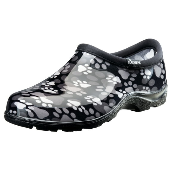 Sloggers Waterproof Garden Shoe for Women – Outdoor Slip-On Rain and Garden Clogs with Premium Comfort Support Insole, (Paw Print Black and White), (Size 6)