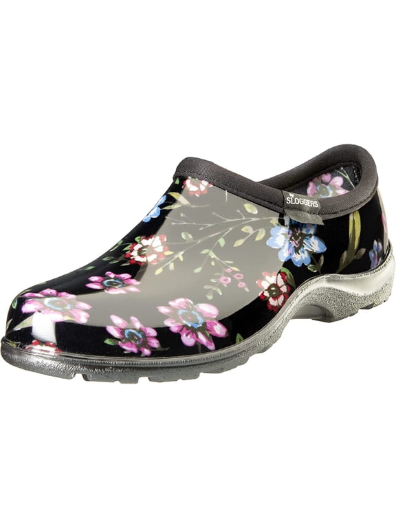 Waterproof Garden Shoe for Women – Outdoor Slip-On Rain and Garden Clogs with Premium Comfort Support Insole, (Ditsy Spring Black), (Size 10)
