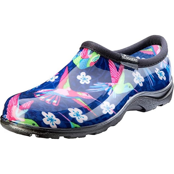 Sloggers Waterproof Garden Shoe for Women – Outdoor Slip On Rain and Garden Clogs with Premium Comfort Insole, (Blue/Pink Hummingbird), (Size 11)