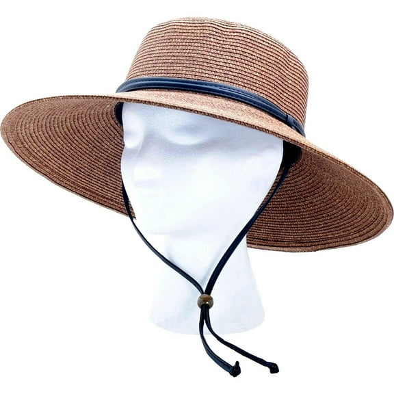Sloggers Women's  Wide Brim Braided Sun Hat with Wind Lanyard - Dark Brown -  UPF 50   Maximum Sun Protection, Style 442DB01