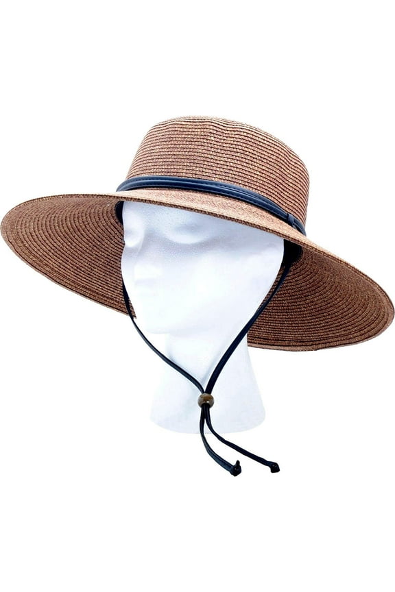 Women's Wide Brim Braided Sun Hat with Wind Lanyard - Dark Brown - UPF 50+ Maximum Sun Protection, Style 442DB01