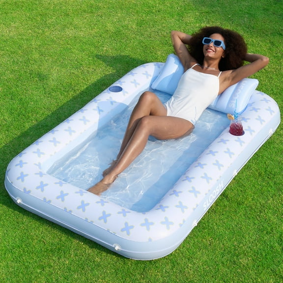 SLOOSH Inflatable Tanning Pool Lounger Float, 70" x 46" Large Suntan Sun Tan Tub for Adults & Kids, Tanning Chair, Bed Blow up, Raft Lounge Floatie Blue Breezestar