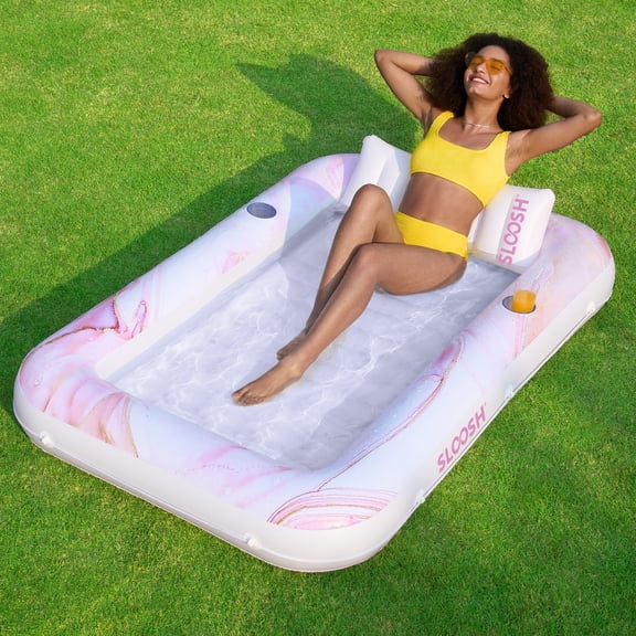 SLOOSH Inflatable Tanning Pool Lounger Float, 70" x 46" Large Suntan Sun Tan Tub for Adults, Tanning Chair, Bed Blow up, Raft Lounge Floatie Pink Marble