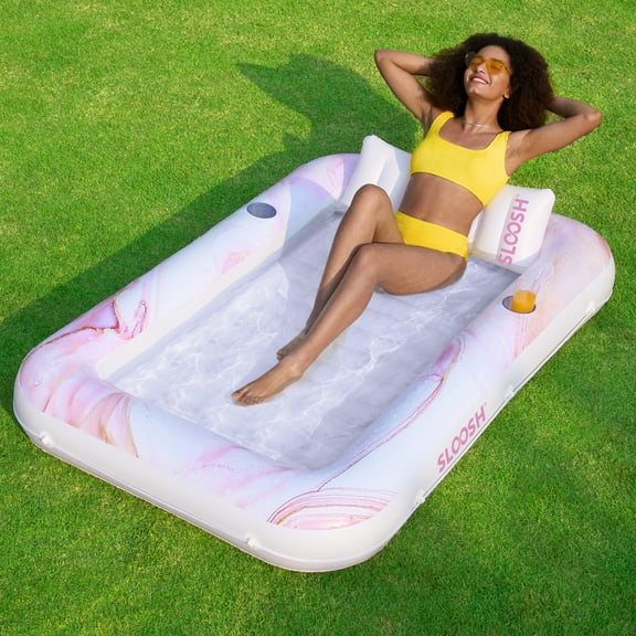 SLOOSH Inflatable Tanning Pool Lounger Float, 70" x 46" Large Suntan Sun Tan Tub for Adults & Kids, Tanning Chair, Bed Blow up, Raft Lounge Floatie Pink Marble