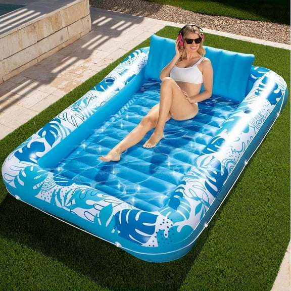 L/XL Inflatable Tanning Pool Lounge Float With Cup Holder, 70“X46”/85″ x 57″ Extra Large Pool Floats Adult with Pillow, 4 in 1 Suntan Tub Raft Floatie