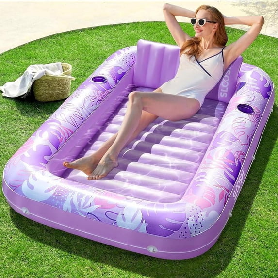 Sloosh-L/XL Inflatable Tanning Pool Lounge Float With Cup Holder, 70“X46”/85″ x 57″ Extra Large Pool Floats Adult with Pillow, 4 in 1 Suntan Tub Raft Floatie, Sunbathing Bed Lounge for Water Blow