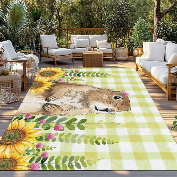 Slope Rat Indoor Outdoor Rugs 6x9 Ft, The Earth Dial Mouse Day Sunflower Flower Leaf Yellow Plaid Outdoor Patio Rugs Mat Washable Outside Area Rugs Carpet for Porch Deck RV Camping Pool Balcony