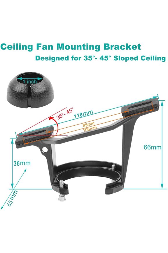 Sloped Ceiling Mounting Bracket with Hanger Ball for Ceiling Fan, Cast Aluminum Vaulted Fan Adapter for Angled Ceilings Up to 45, Fits 1" O.D. Non-Threaded Downrods, Matte Black (No Canopy)