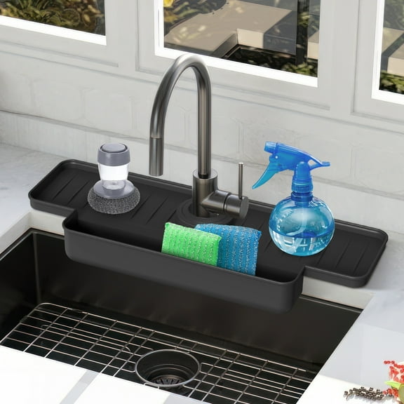 Sloped Raised Kitchen Sink Drip Mat - Non-Slip Anti-Splash Faucet Handle Drip Catcher Tray, High Edge Drainage Counter Drying Mat, Multi-Use Sink Accessory for Kitchen Countertop Use, 16*6in, Black