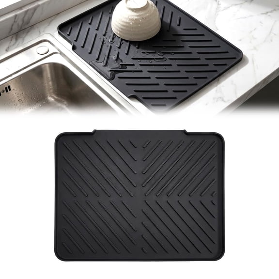 Sloped Silicone Dish Drying Mat with Drain Lip (Black, M) | Angled Fast Drainage Dish Drying Mat With Heat Resistant Silicone Surface Water Guide Design Keeps Kitchen Counter Dry