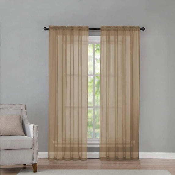 Slopehill Contemporary Brown Solid Print Fashion Rod Pocket Sheer kitchen Curtain Sets, 39.4 x 78.7 in