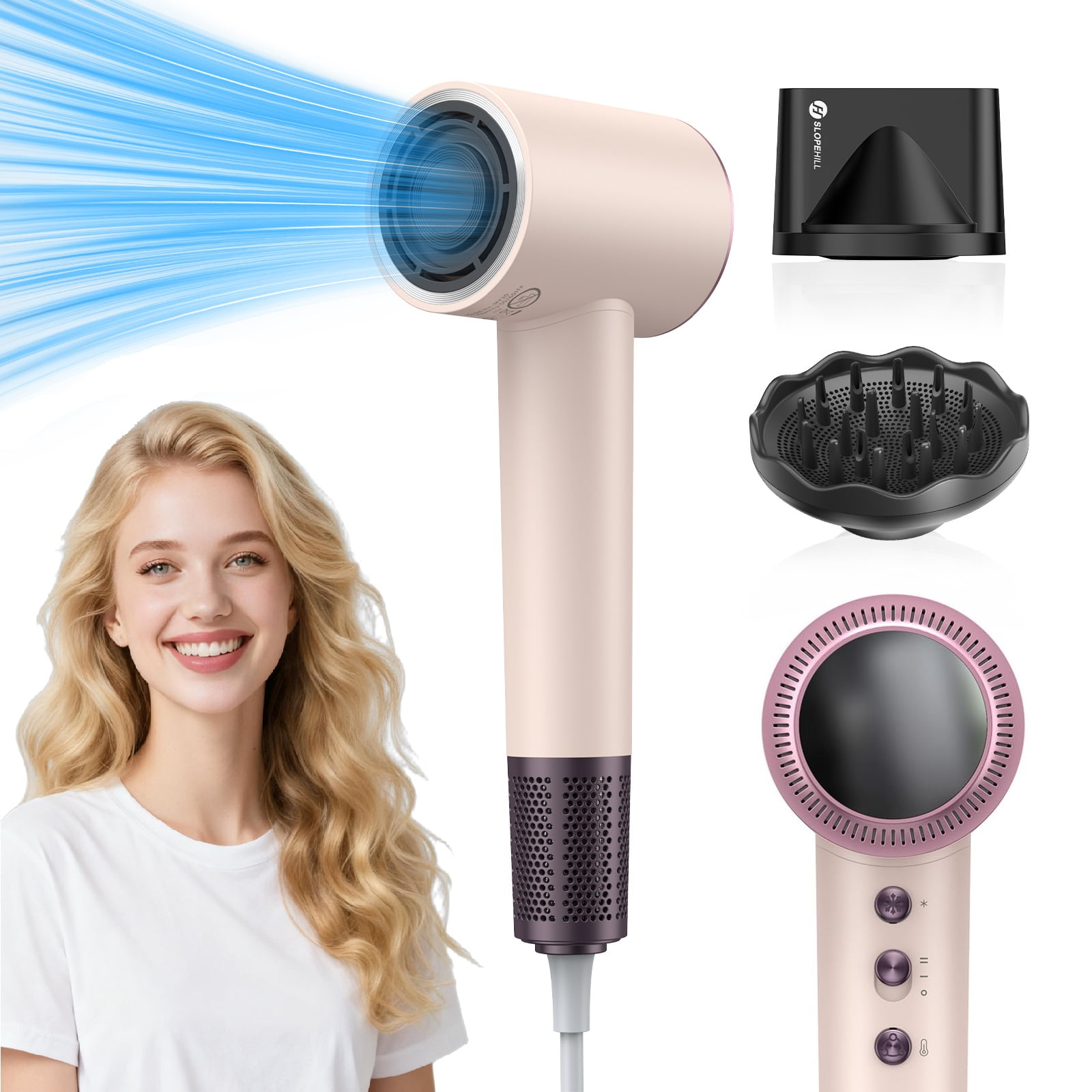 Slopehill Ionic Hair Dryer, 110,000 RPM Professional Fast Drying Low Noise Blow Dryer with 2 Magnetic Attachments, 4 Temp & 2 Speed for Home Salon Travel