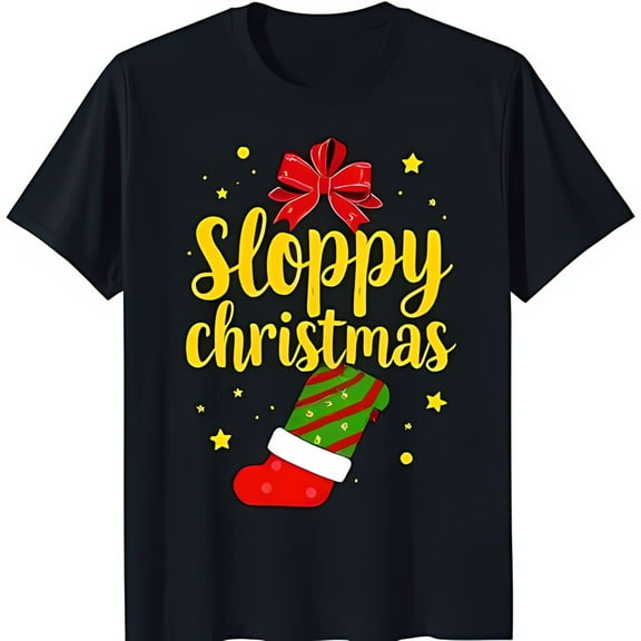 Sloppy Christmas Black T-Shirt with Festive Design Yellow Letters Red Bow & Stocking Holiday Stars