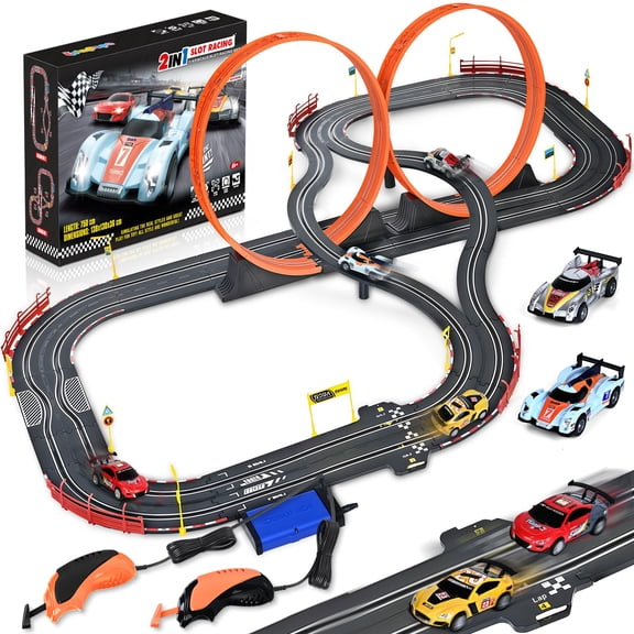 Slot Car Race Track Sets,2 in 1 Race Car Track with 4 High-Speed Slot CarsGift Toy for Boys Kids Ages 5 6 7 8-12,Dual Power (Source) Cars Track,Dual Racing Game Lap Counter Circular Overpass Track