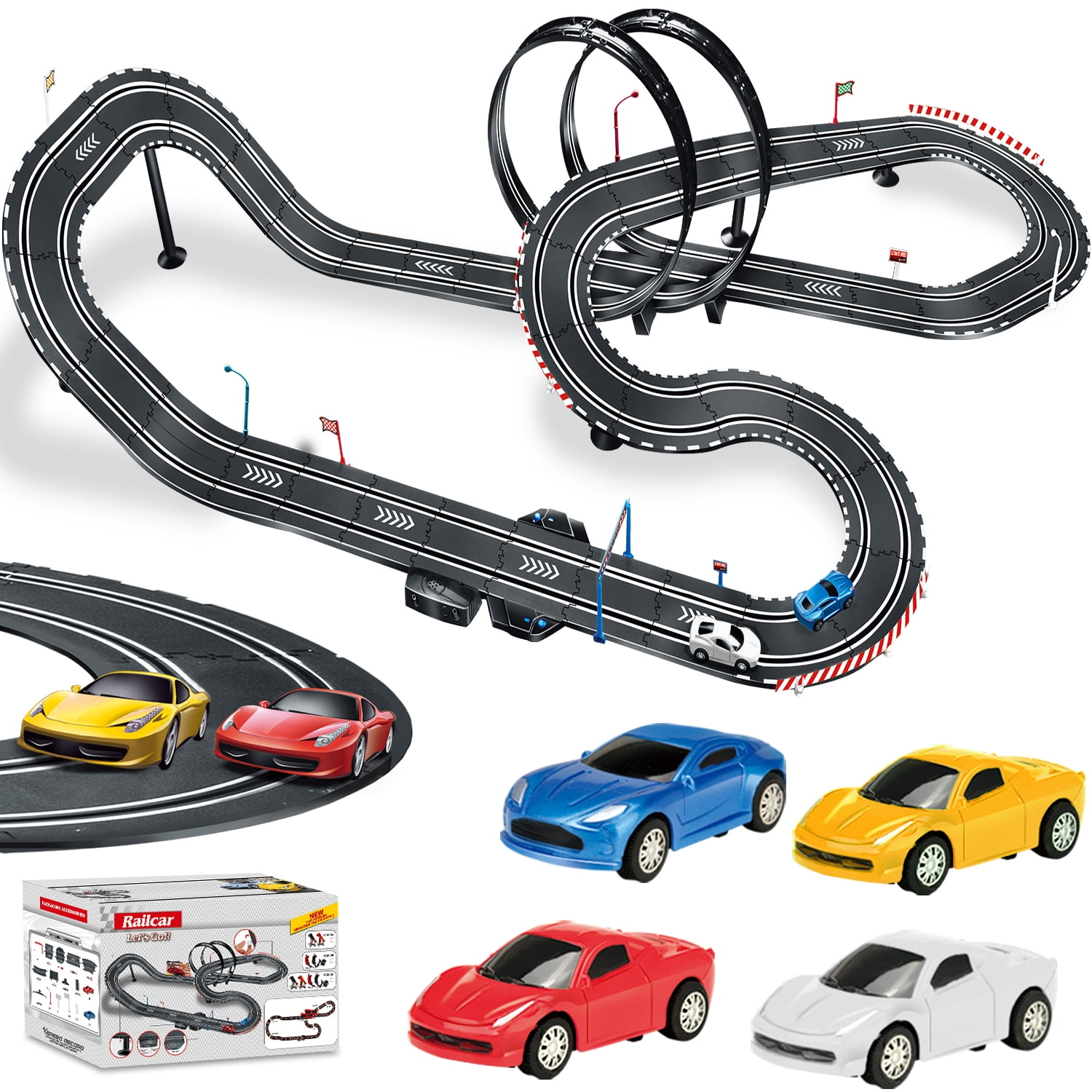 Slot Car Race Track Sets, 28ft Dual Race Car Track with 4 High-Speed ...