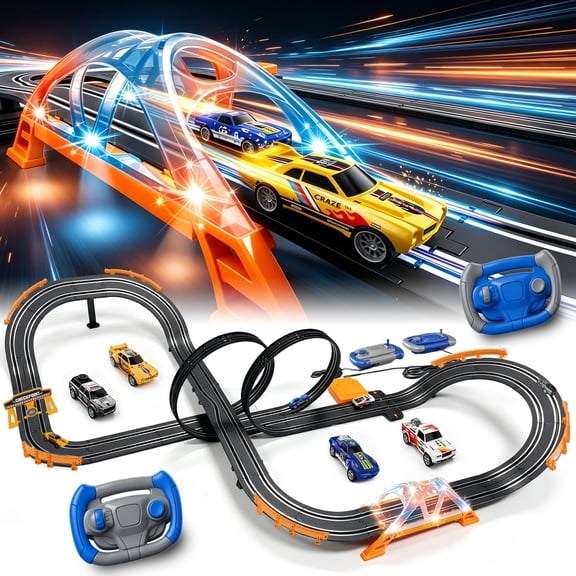 Slot Car Race Track Sets with 4 High-Speed Racing Slot Cars Electric Dual Racing Game with 2 Controllers Circular Overpass Track Featuring Flash Bridge Pendulum Gifts Toys for Boys Kids Age 6 7 8-12