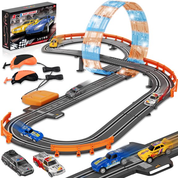Slot Car Race Track Sets for Boys Age 4 5 6 7 8-12, Electric Race Car Track with 4 High-Speed Racing Car, Dual Racing Game Lap Counter Circular Overpass Track, Christmas Birthday Gifts Toys for Kids