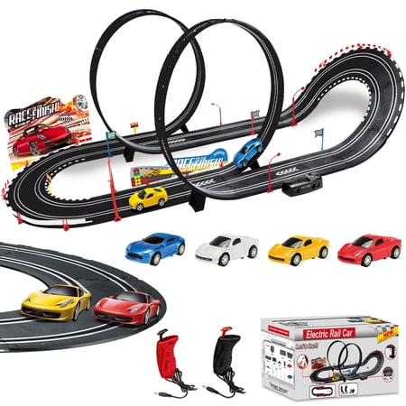 Slot Car Race Track Sets, Electric Race Car Track with 4 High-Speed Slot Cars, 2 Electric Controller Circular Overpass Track, Gift for Kids Ages 6 7 8-12