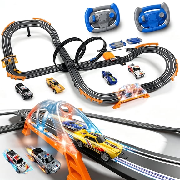 BUBUQE Slot Car Race Track Sets w/ 4 High-Speed Racing Slot Cars Electric Dual Racing Game w/2 Controllers Circular Overpass Track Gifts Toys for Kids