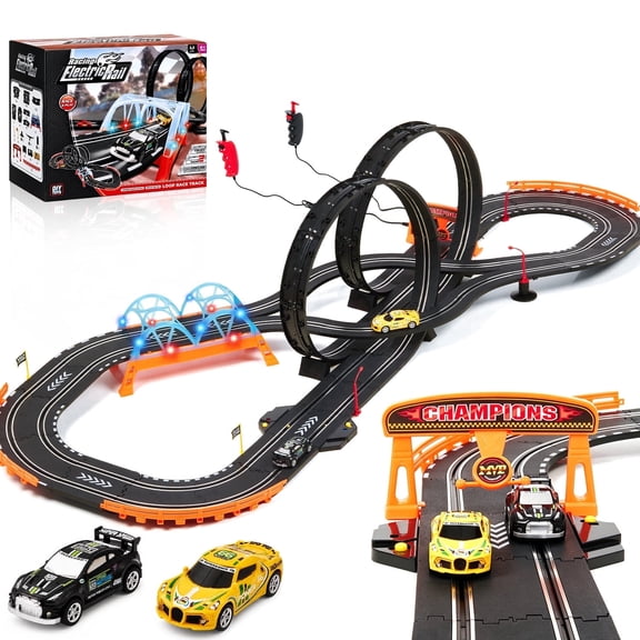 Slot Car Race Track Sets with 2 High-Speed Race Cars, Electric Race Car Track with Flash Bridge, Lap Counter, Loops and Bridges, Dual Racing Game Gifts for Boys Girls Ages 4-12