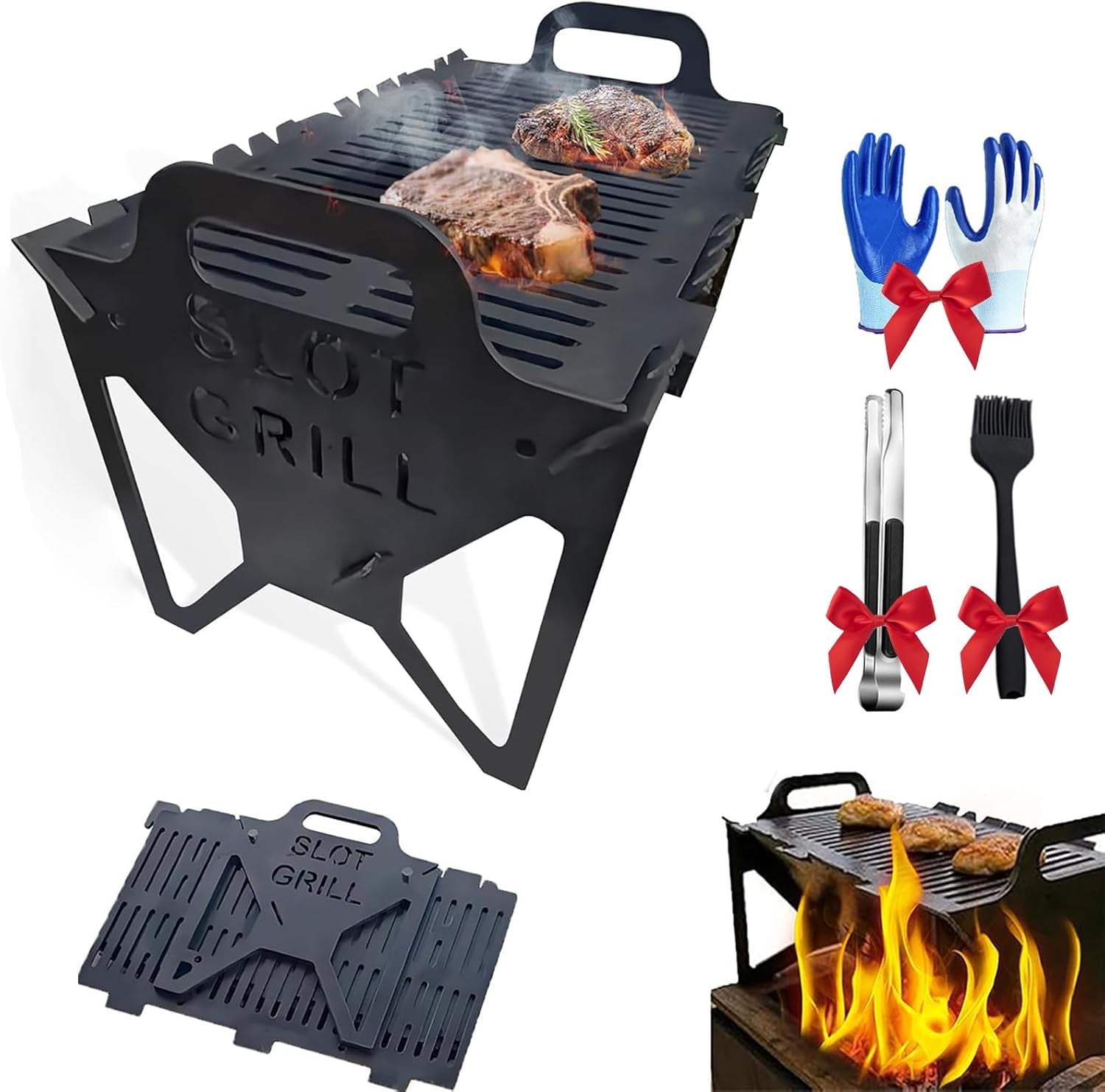 Slot Grill Collapsible BBQ Grill - Portable Steel Grill For Camping, Travel & Tailgating, Folds To 1 Inch