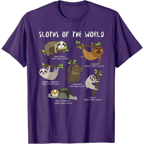 Sloth Animal Design Themed - Types of Sloths Unisex T-Shirt for Men Women Kids Toddler,Purple Color,Size YM