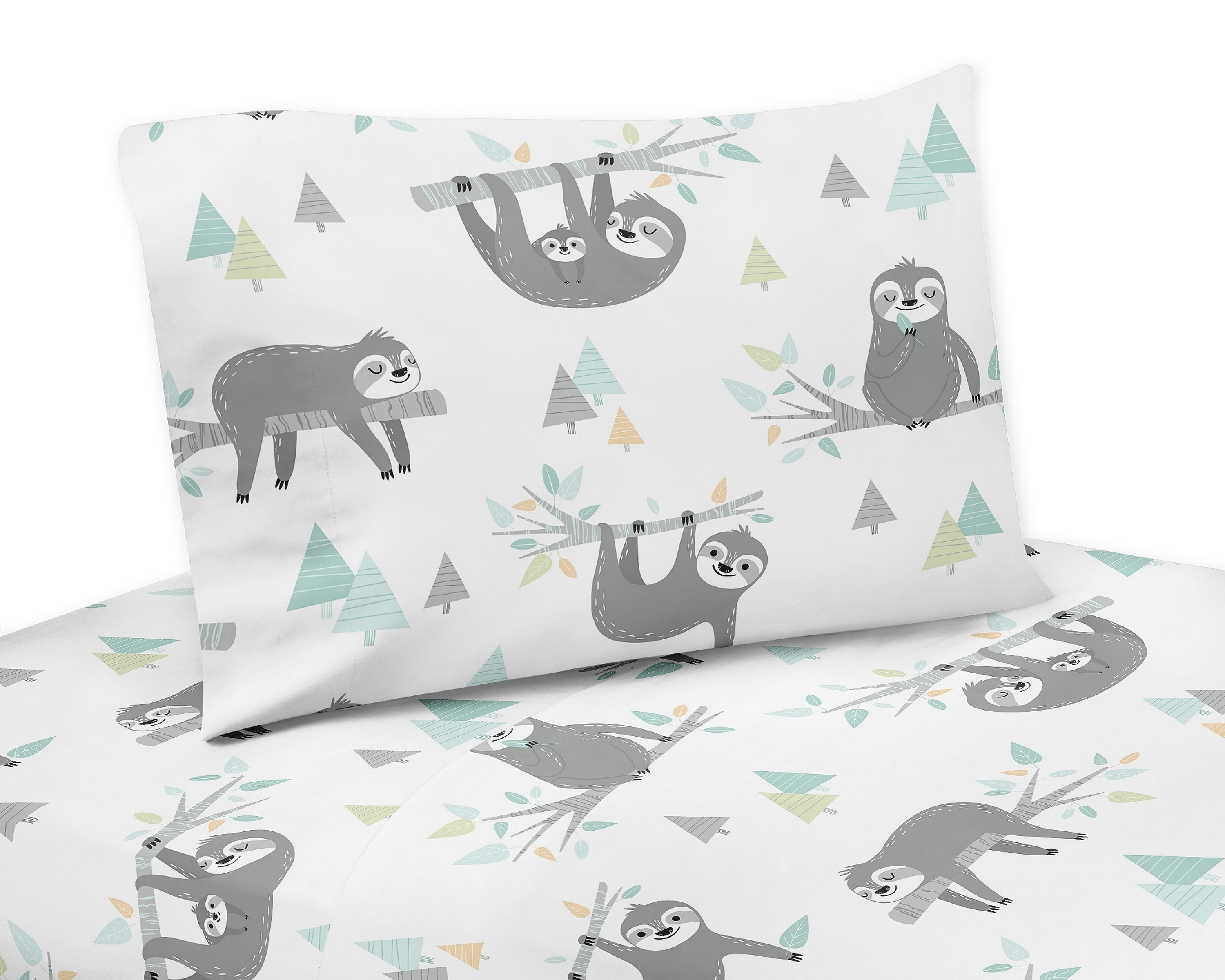 Gray and Aqua Sloth Print Twin Microfiber Sheet Set
