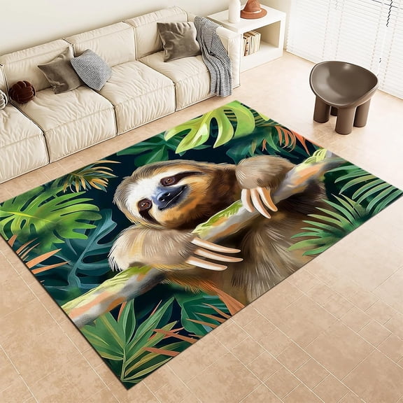 Sloth Area Rugs, Green Tropical Jungle Animal Sloth Carpet, Washable Non Slip Low Pile Soft Rug for Living Room Bedroom Office Decor Mat 2x3ft