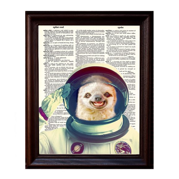 Sloth Astronaut - Dictionary Art Print Printed On Authentic Vintage Dictionary Book Page - 8 x 10.5