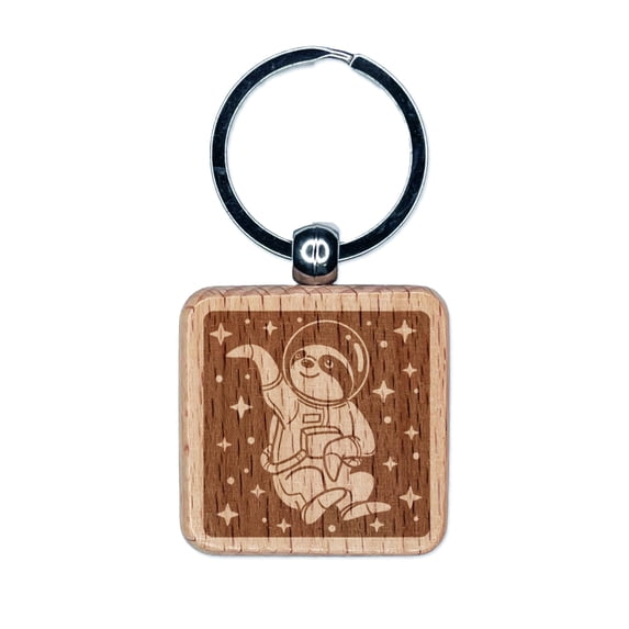 Sloth Astronaut Floating in Space Square Keychain Charm Tag - Engraved Wood