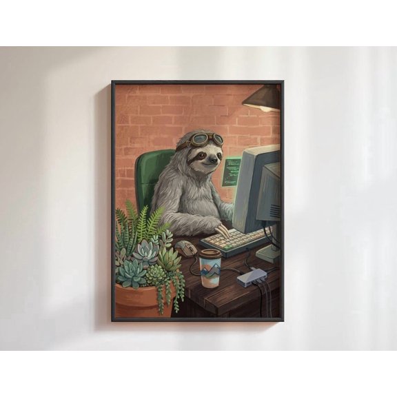 Sloth At Computer Wall Art Office Home Decor Unframed Paper Print
