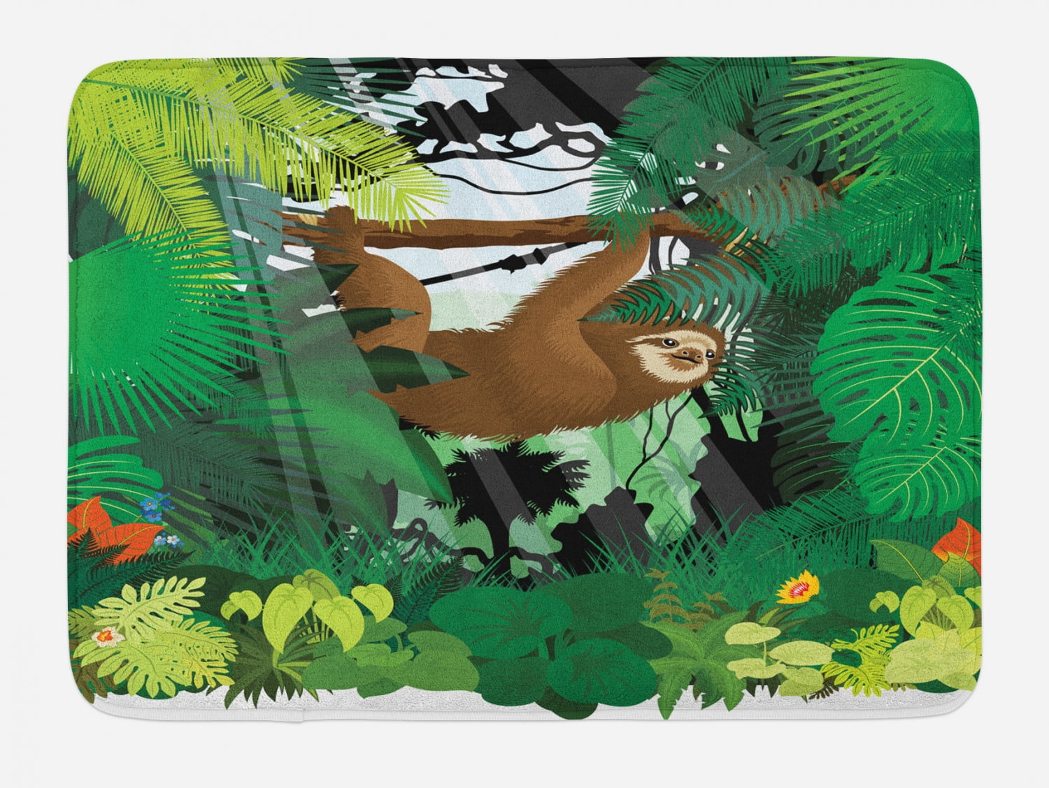 Sloth Bath Mat, Vibrant Exotic Rainforest with Various Plants and Sloth ...