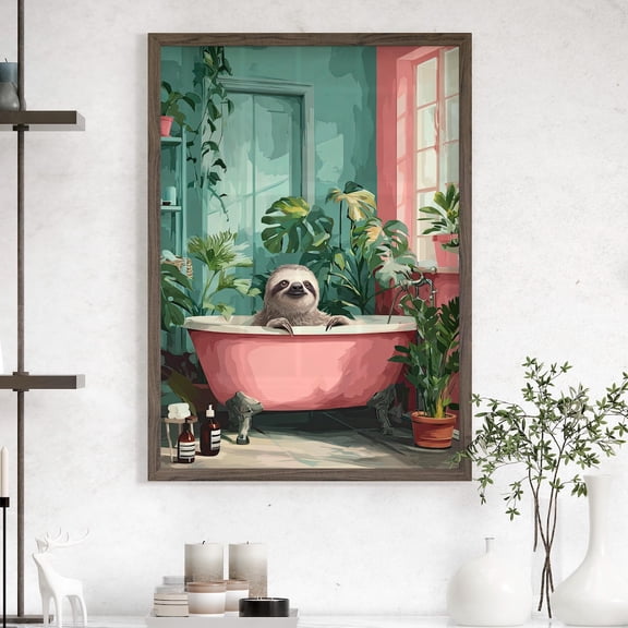 Sloth Bath Time Wall Art, Cute Cozy Bathroom Animal Decor, Unframed Paper Print Size 8x12