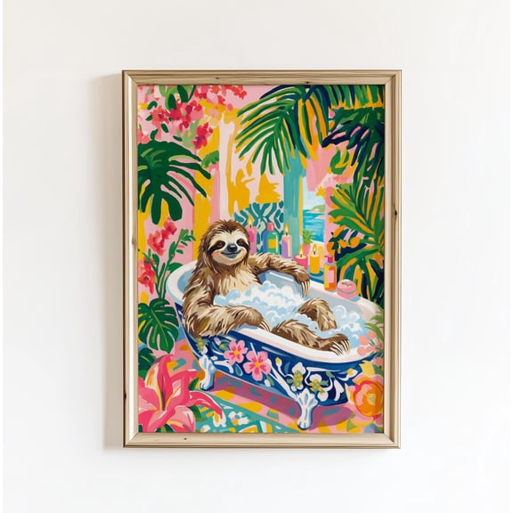 Sloth Bath Tropical Bathroom Wall Art Decor Unframed Paper Print
