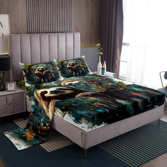 Sloth Bed Sheets Set Dream Catchers Sheets,Boho Floral Feather Sheet Set Full,Woodland Animals Fitted Sheet,Exotic Bohemian Decor