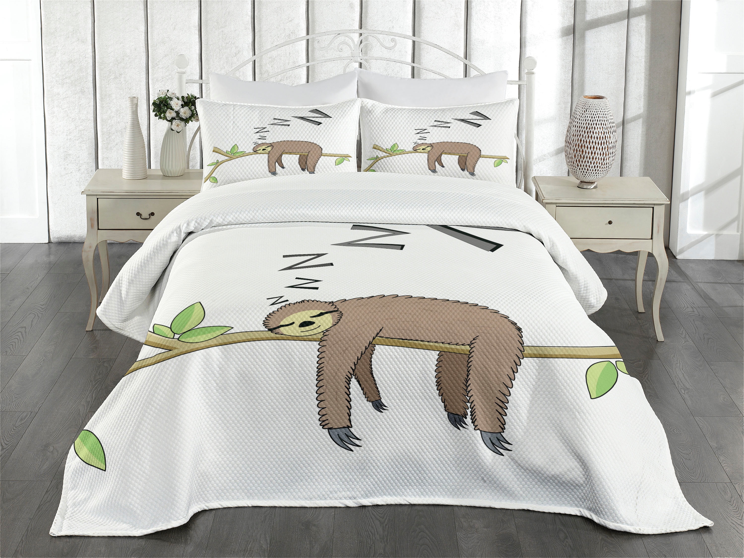 Sloth Bedspread Set Queen Size, Arboreal Mammal Sleeping on Branch in