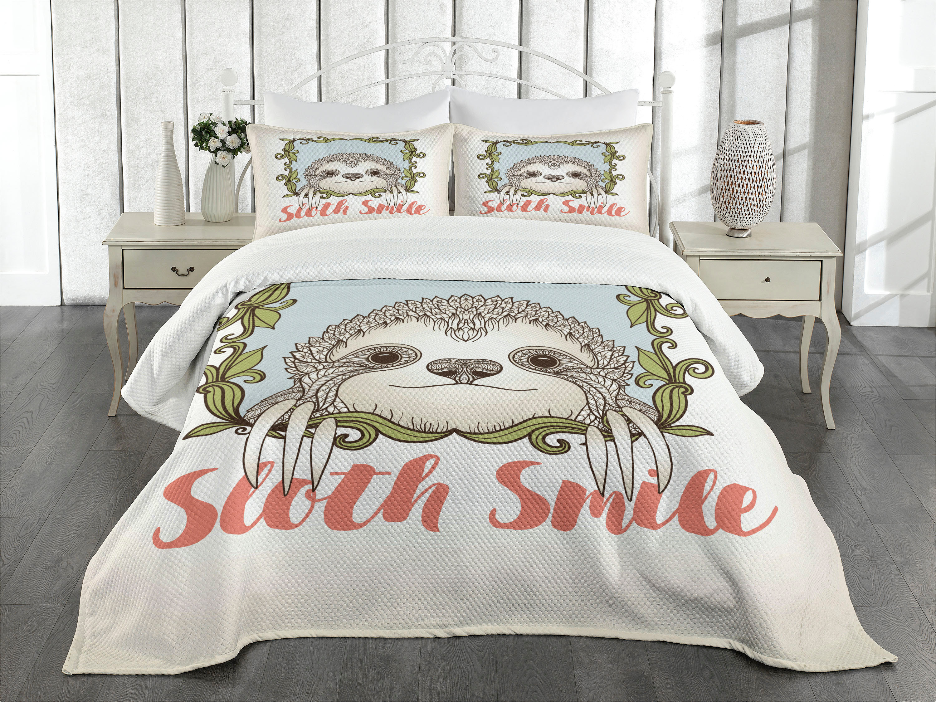 Sloth Bedspread Set Queen Size, Exotic Animal in Floral Frame Sloth