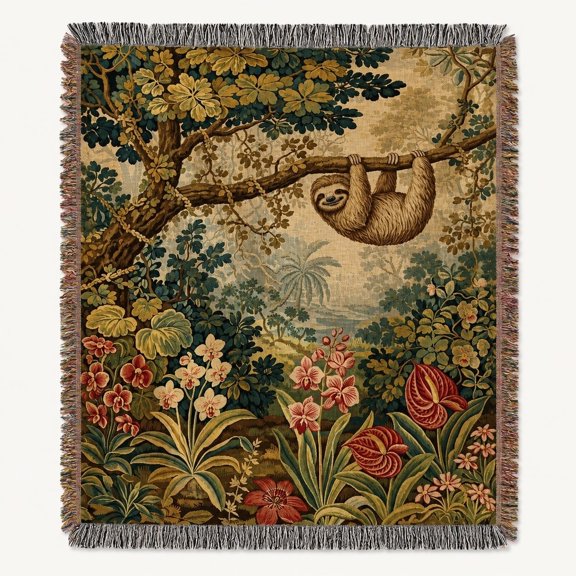 Sloth Botanical Woven Cotton Tapestry Throw Blanket with Fringe, Nature Wall Hanging Decor