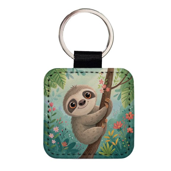 Sloth Children's Illustration Style Faux Leather Square Keychain