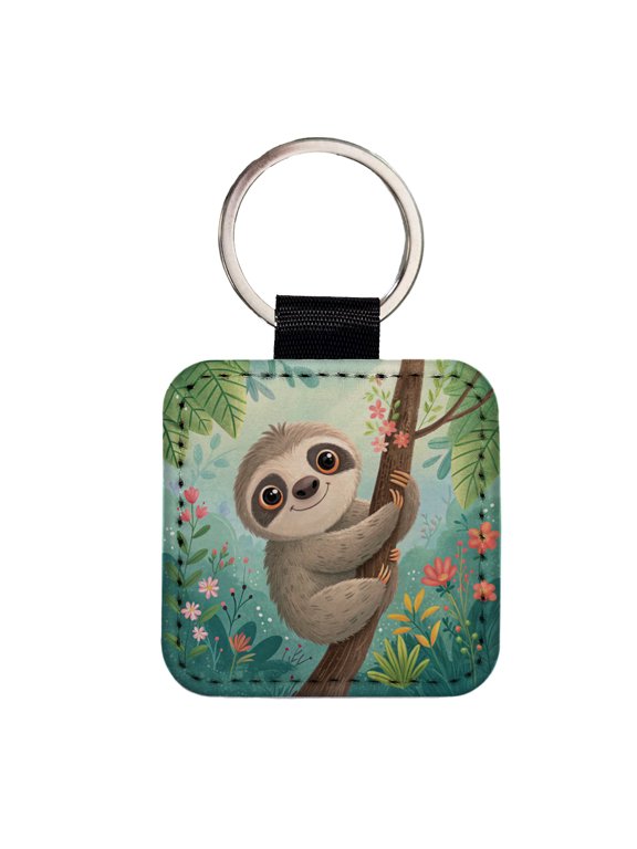 Sloth Children's Illustration Style Faux Leather Square Keychain