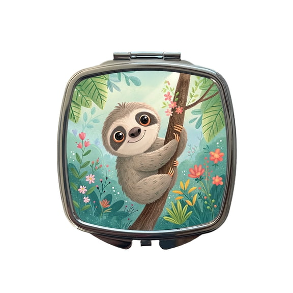 Sloth Children's Illustration Style Travel Makeup Handbag Purse Small Pocket Compact Mirror