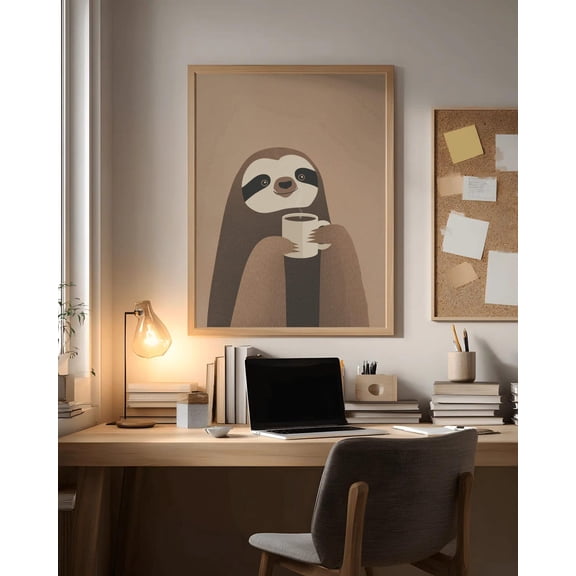 Sloth Coffee Art Print: Relaxed Animal Poster, Minimalist Decor, Unframed Poster Size 8x12